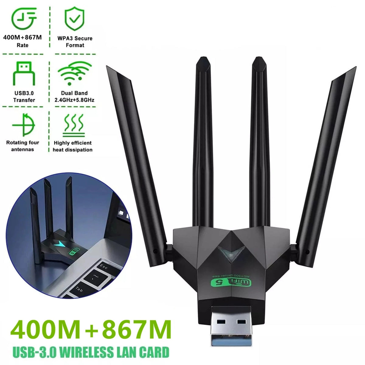 Dual Band USB 3.0 WiFi Adapter 2.4G 400Mbps & 5G 867Mbps