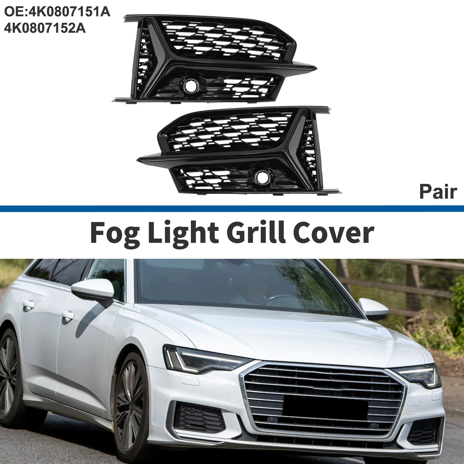 Fog Light Grille Pair Front Left Right Replacement for Audi A6 (2012–2018)