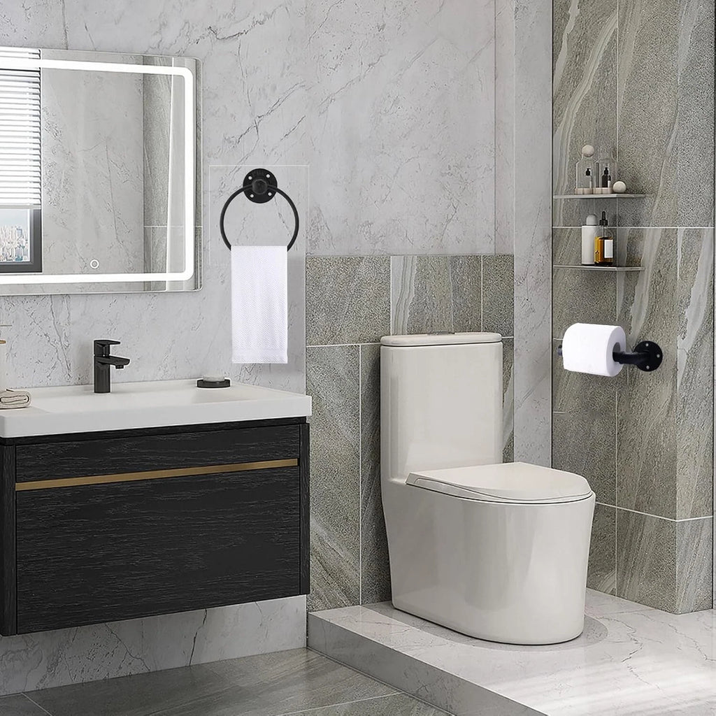 Set of 4 Black Wall Mounted Bathroom Pipe Hardware Accessories for