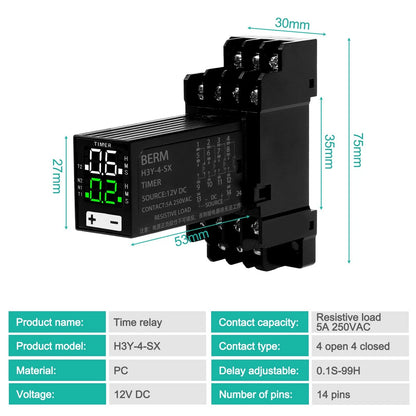 Digital Display Time Relay 8 Pin 12V DC Adjustable Delay for Automation