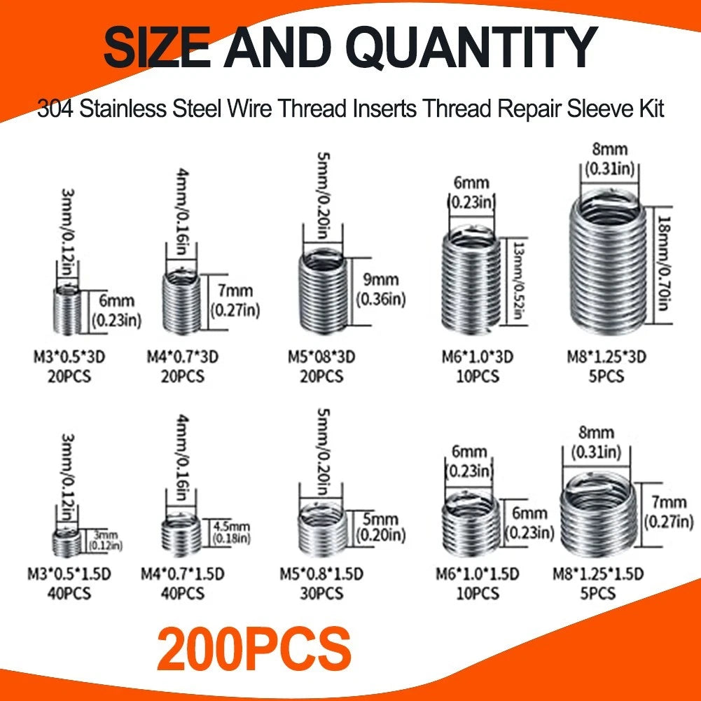 200 Piece Helicoil Thread Repair Kit for Organized Storage