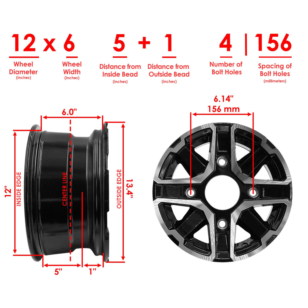 12 x 6 Wheel Black Machined 4-156 Bolt Pattern 5+1 Offset for Ford (1970–1990)