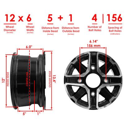 12 x 6 Wheel Black Machined 4-156 Bolt Pattern 5+1 Offset for Ford (1970–1990)