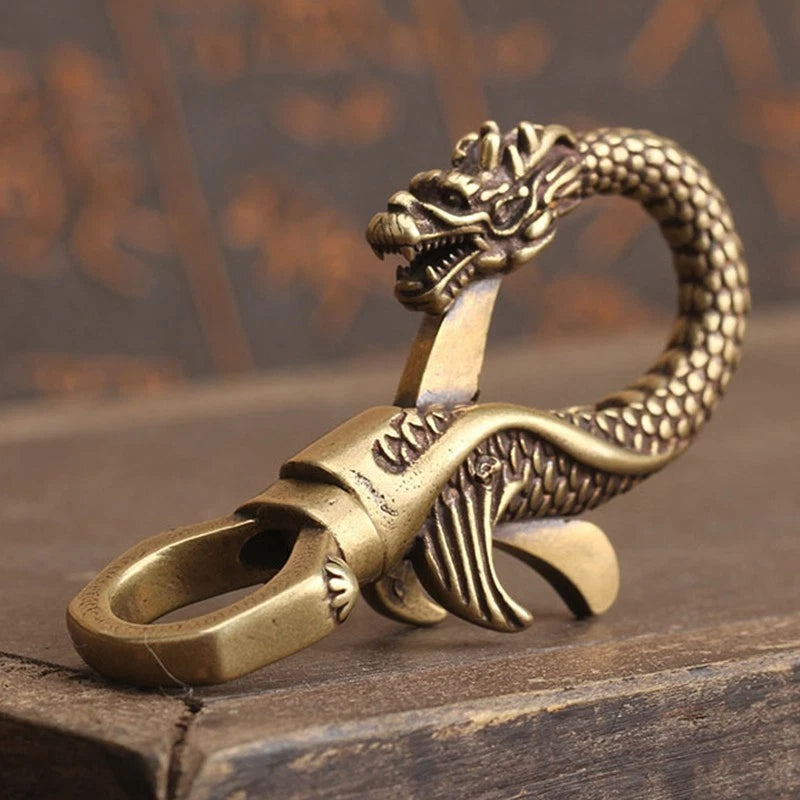 Retro Brass Dragon Figurine Mini Statue Keychain for Office, Living Room