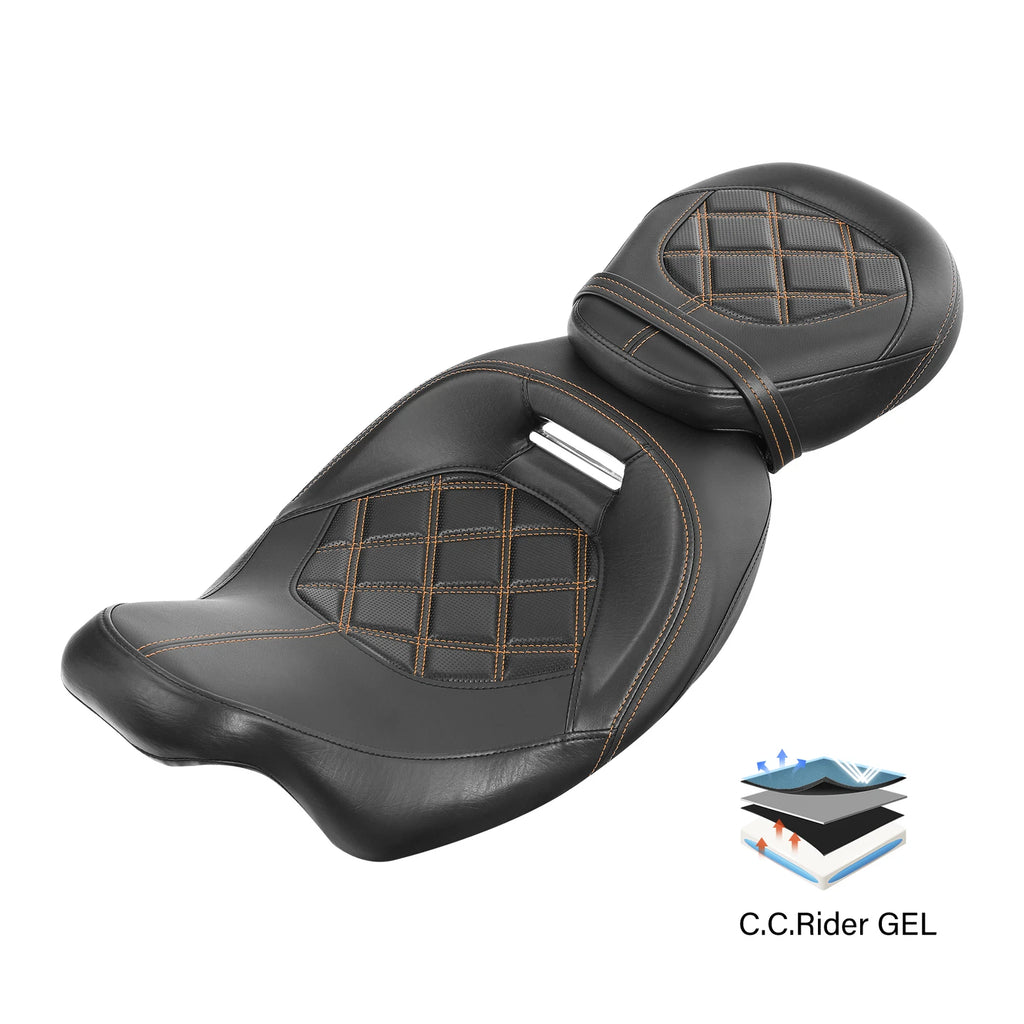 2X Gel Seat for Harley Road King (2009–2023) - Orange Stitching