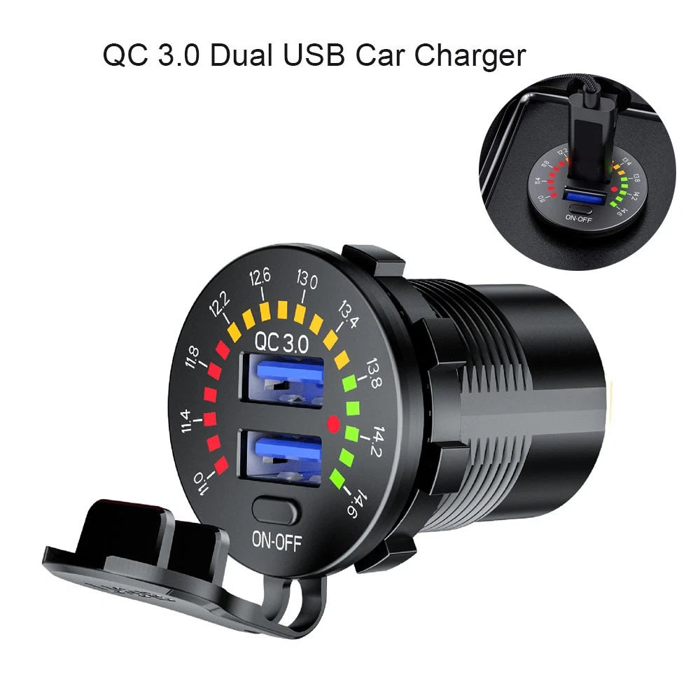 36W Dual USB Fast Charger Socket with LED Voltmeter ON/OFF Switch (12-24V)