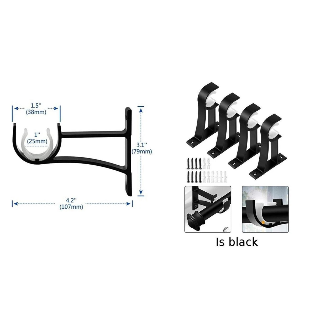 Curtain Rod Brackets for Clotheslines (Elegant Design, Black)