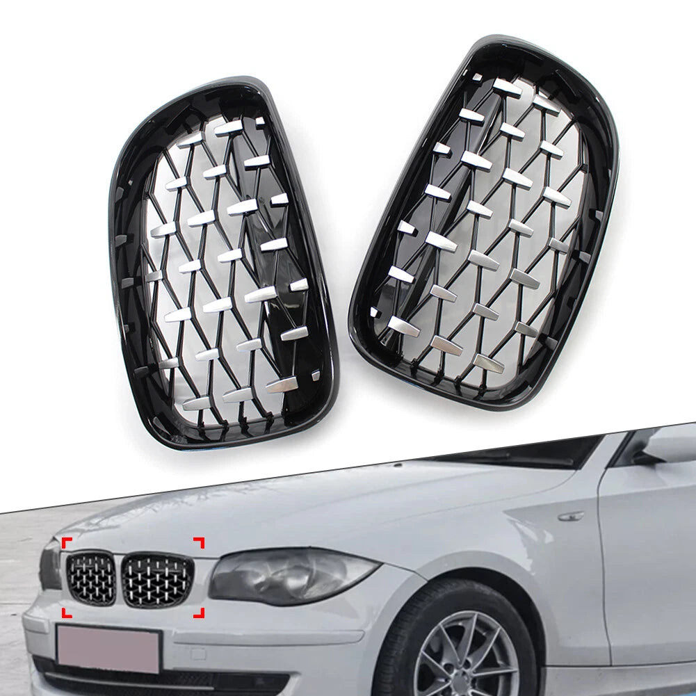 Diamond Front Kidney Grill for BMW 1 Series E81 E82 E87 E88 (2004–2013) Chrome Black