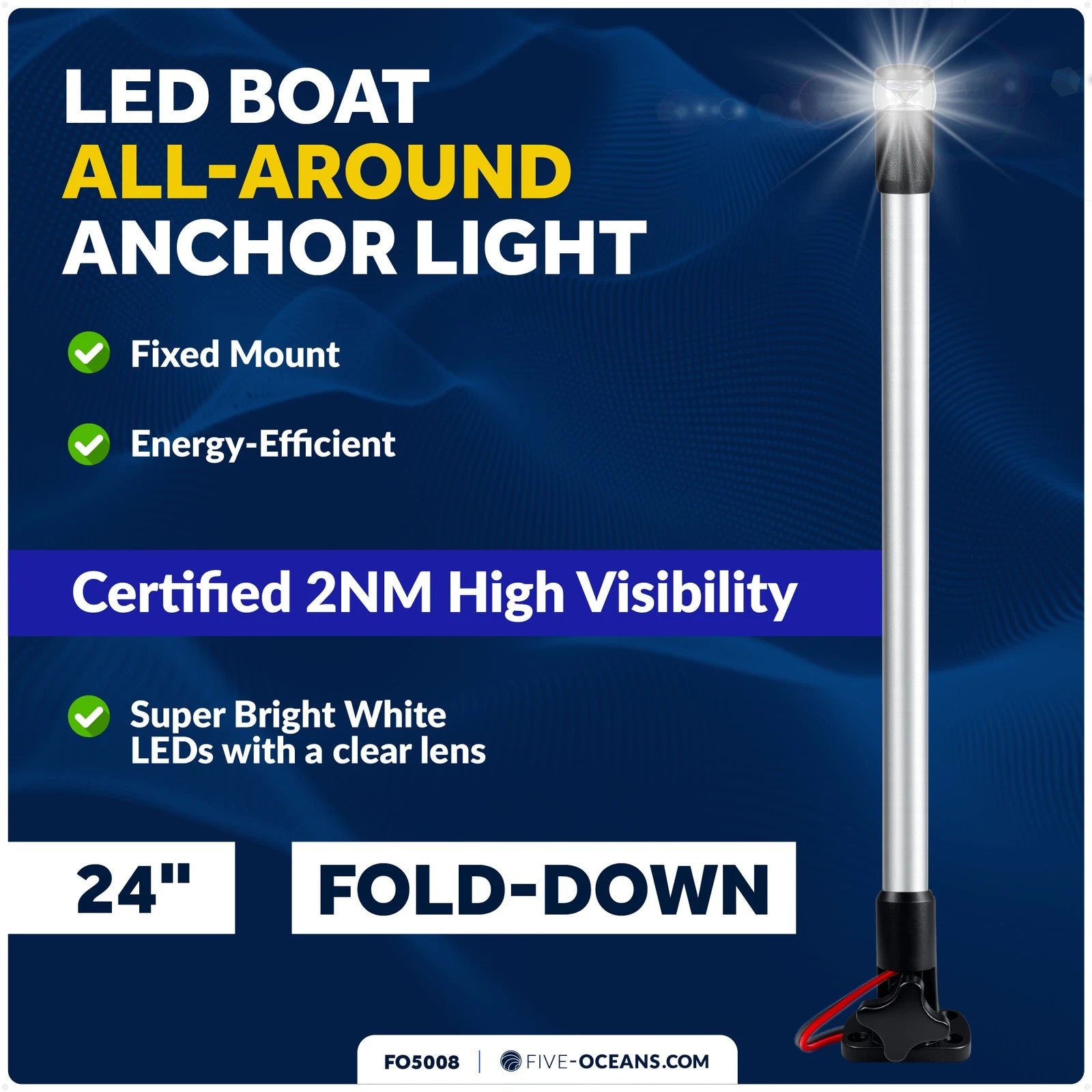 24" LED Boat Anchor Light for Marine Use (2NM, Fold-Down, Polycarbonate)
