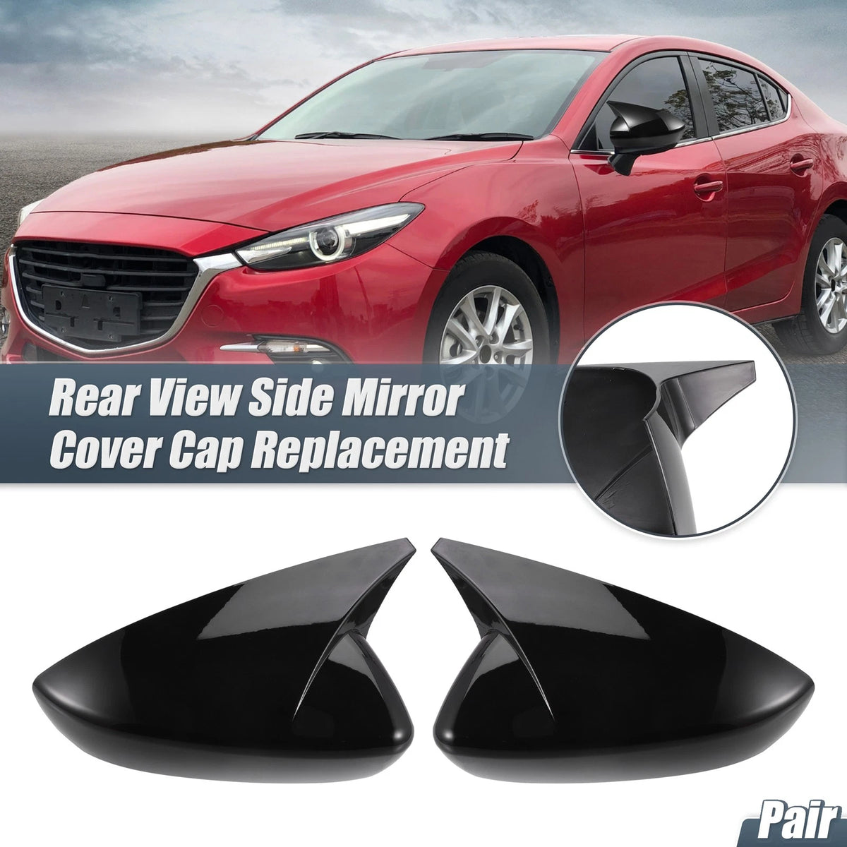 Pair Rearview Mirror Cover Overlay Gloss Black for Mazda 3 Axela (2020–2022)