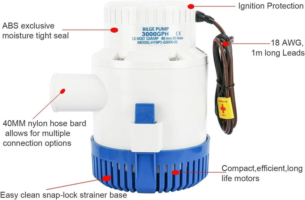 12V 3000GPH Bilge Pump for Boats (Submersible)