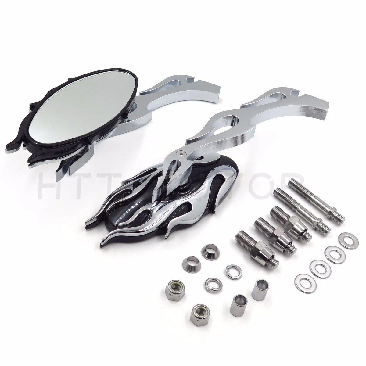 Chrome CNC Flame Rearview Side Mirror for Motorcycle Cruiser Chopper (8mm, 10mm)