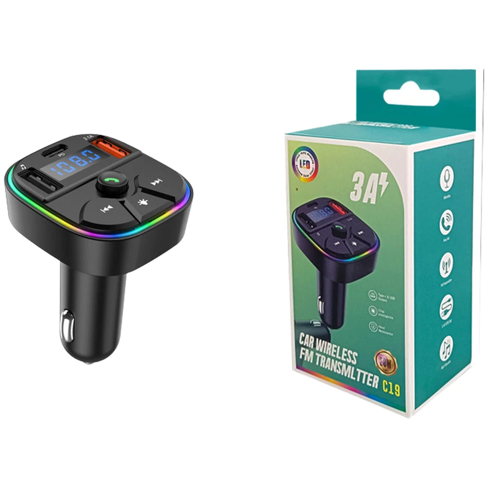 Dual USB Car Charger FM Transmitter with USB-C for MP3 Player
