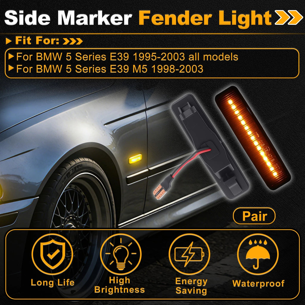 Side Marker Fender Light Smoke Lens for BMW 5 Series E39 (1995–2003) Pair