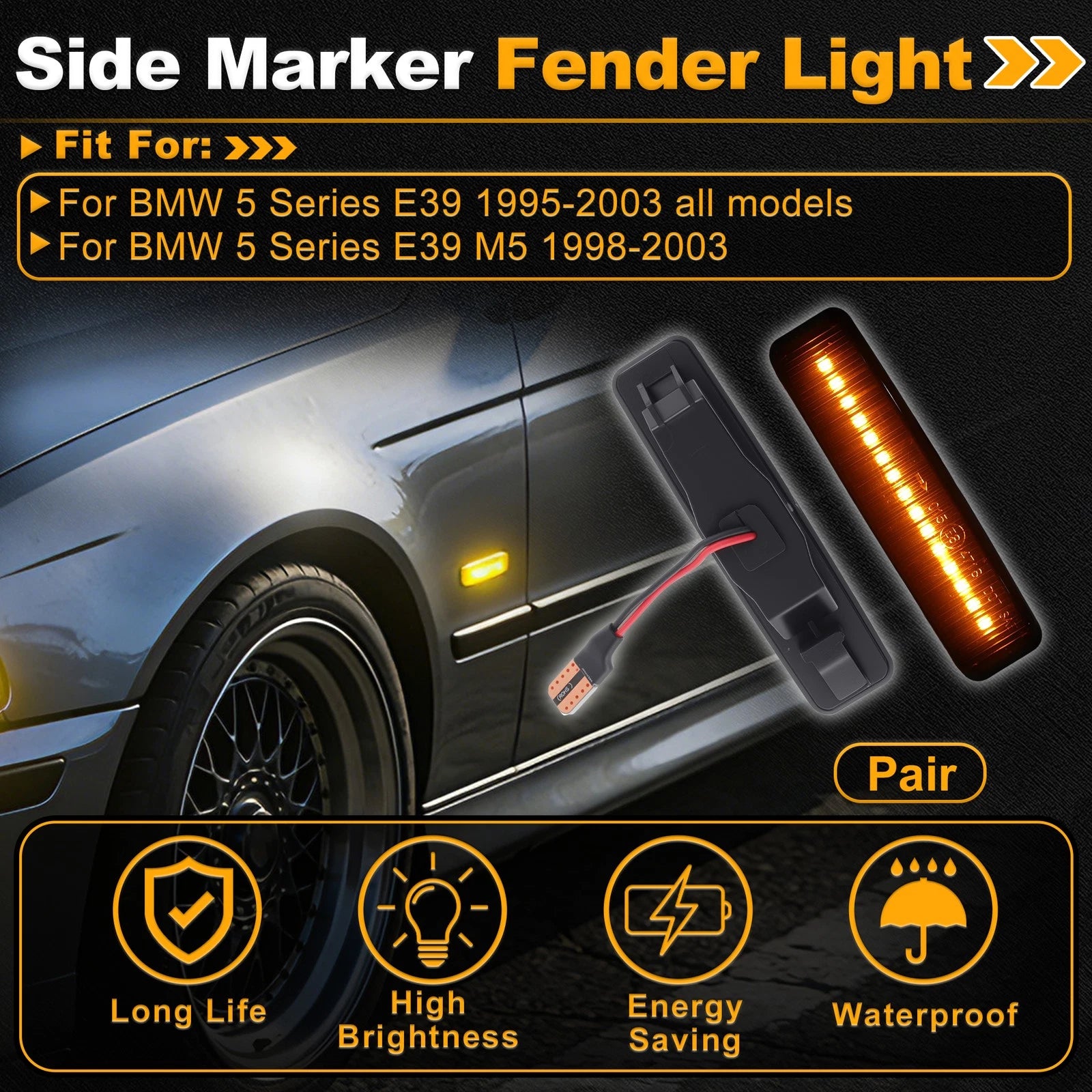Side Marker Fender Light Smoke Lens for BMW 5 Series E39 (1995–2003) Pair