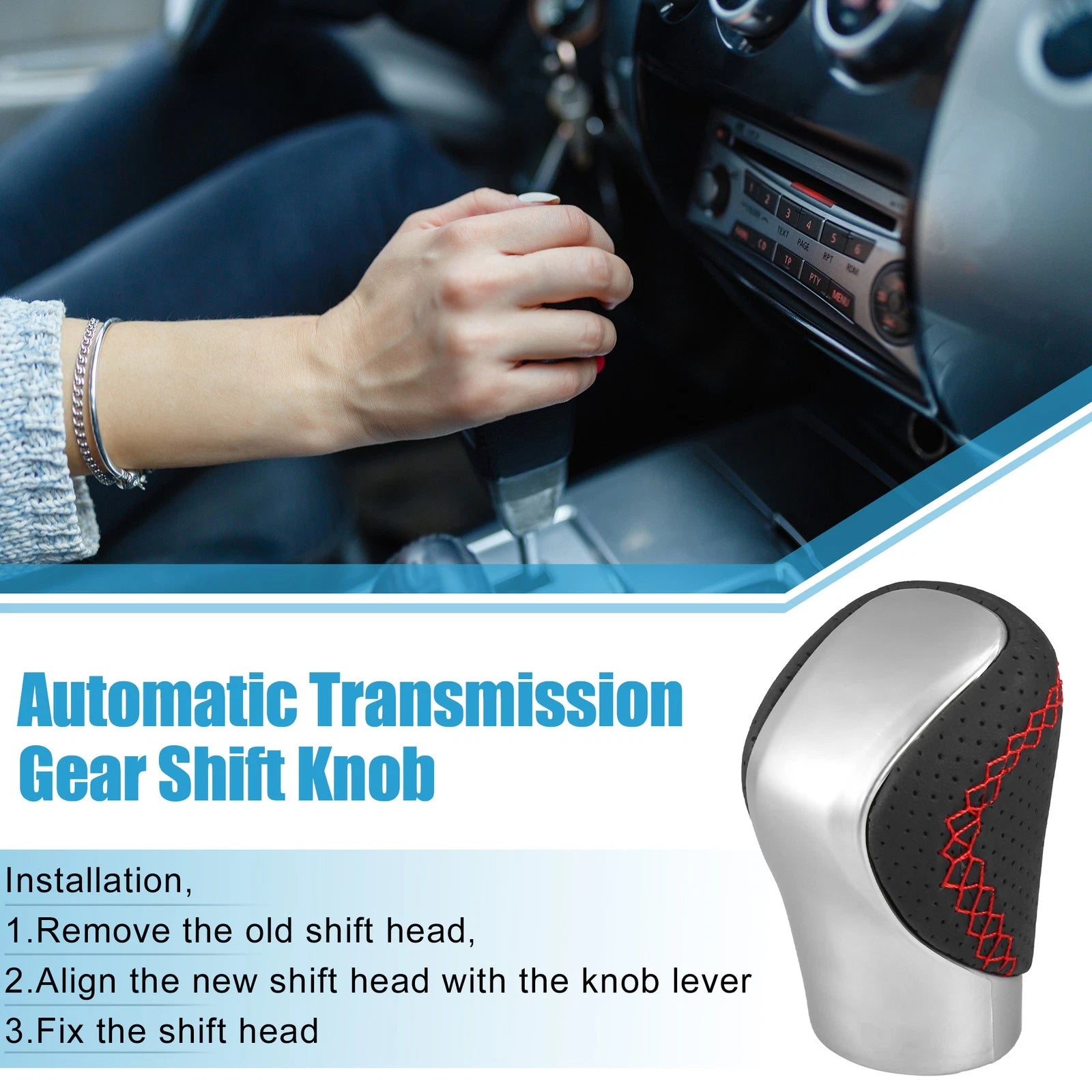 Gear Shift Knob Replacement for Lexus Silver Tone Cover Red Thread (2010–2020)
