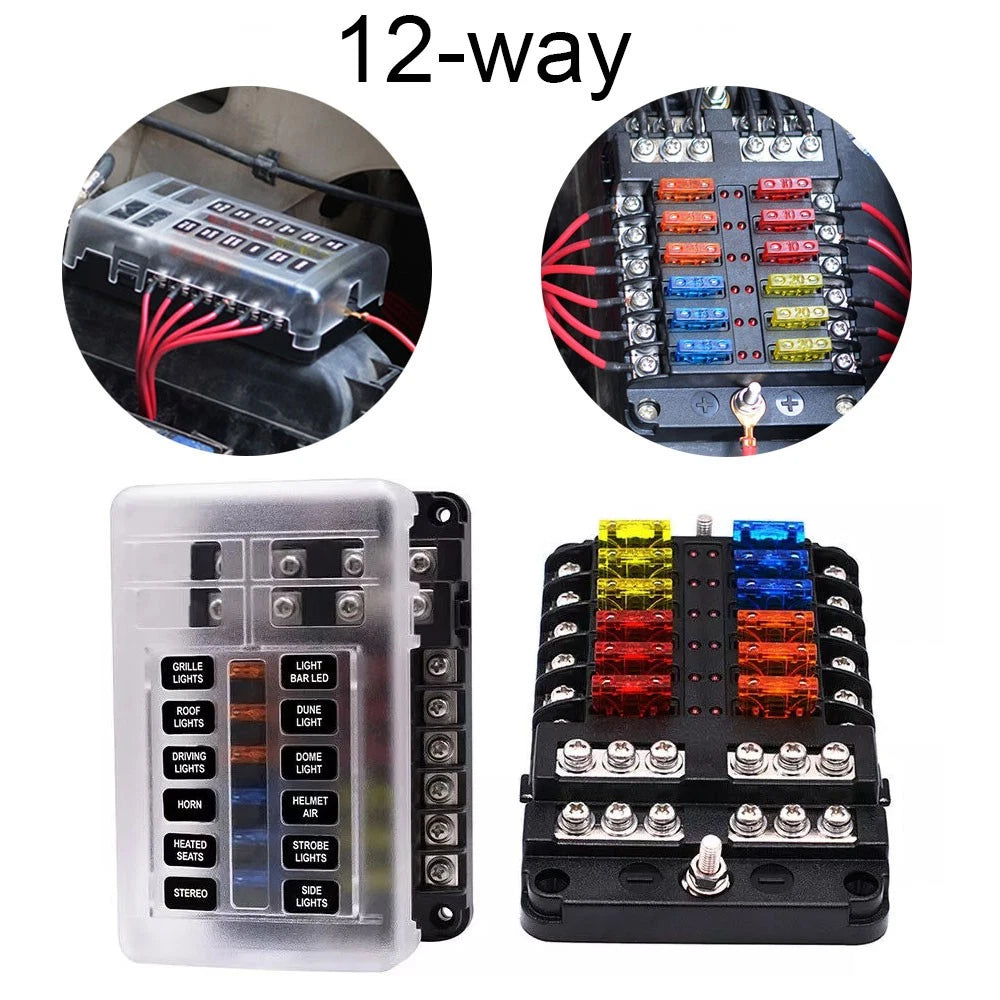 12-Way Blade Fuse Box Holder with LED Indicator for Car Boat (12V 32V)