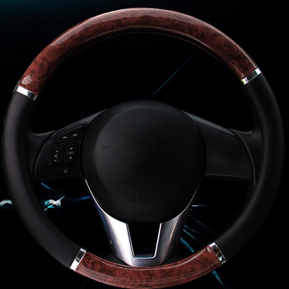 38cm Mahogany Wood Pattern Steering Wheel Cover for Vehicle Car