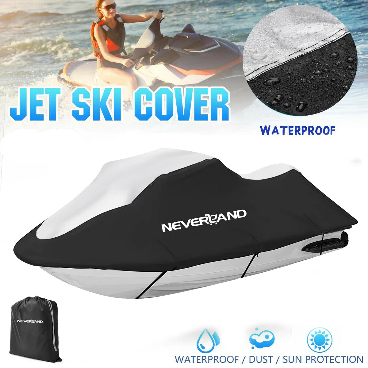 Trailerable Cover for Jet Ski (3.4m-3.7m) Waterproof Heavy Duty Black/Silver