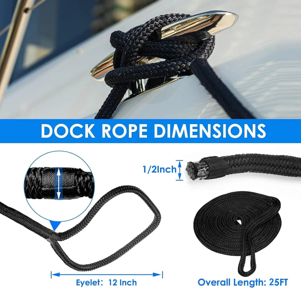 Set of 4 Dock Lines for Boat 1/2 in 25 FT Double Braid Nylon Black
