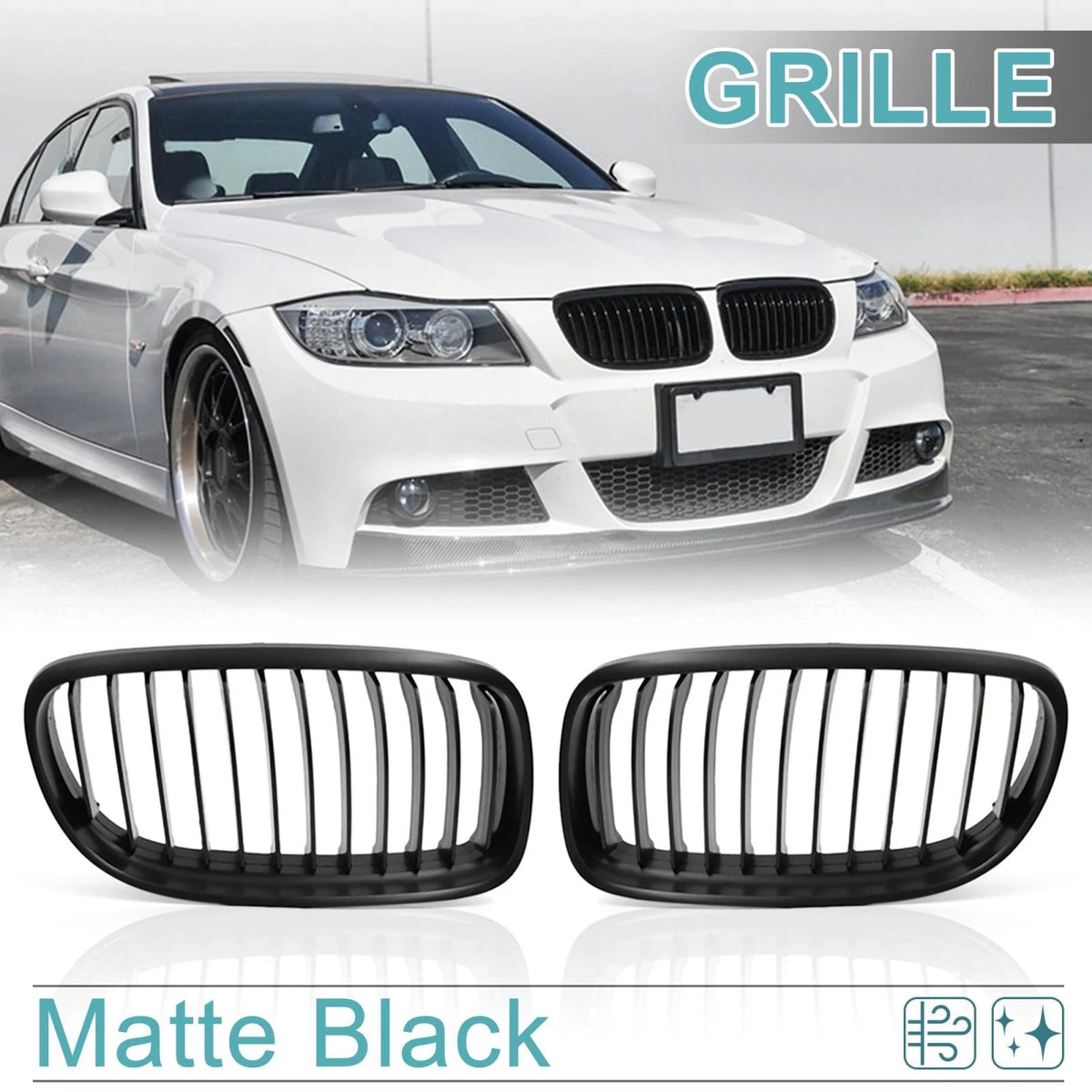Front Kidney Grill Grille Replacement for BMW E90 E91 325i 328i 335i Matte Black (2005–2013)