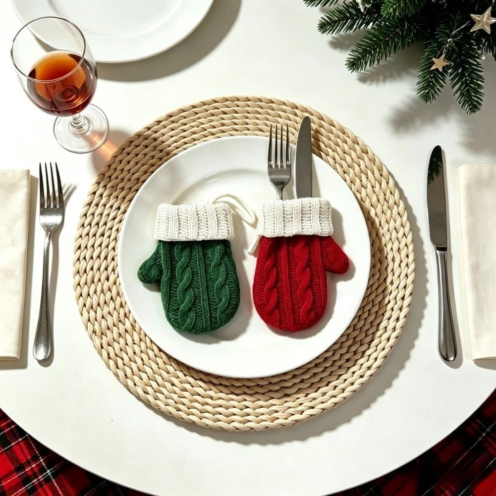 Set of 6 Holiday Themed Knit Mittens for Fork Utensil Covers
