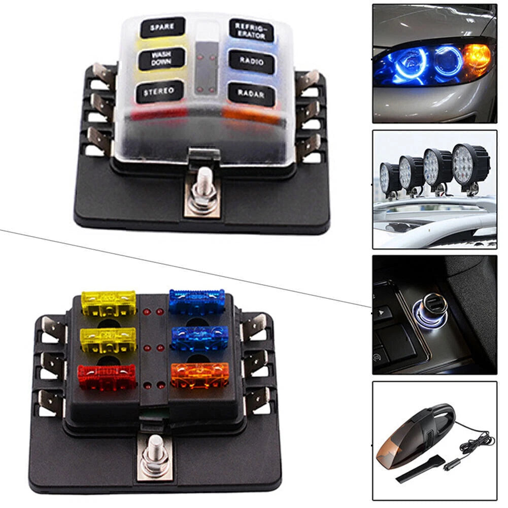 6 Way LED Fuse Box Block Holder with Spade Terminals for ATO ATC Fuses