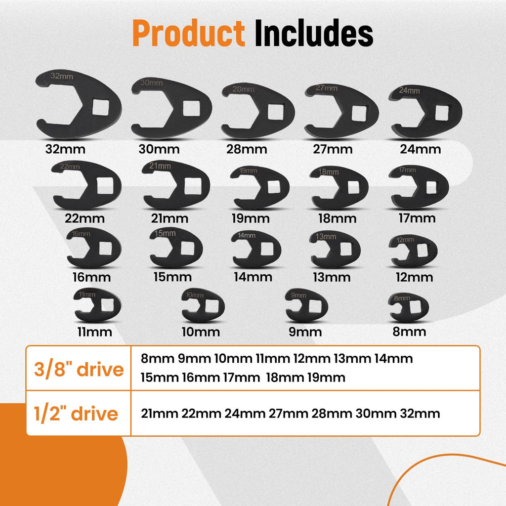 Set of 19 Crows Foot Wrenches 1/2" 3/8" 8-32mm Socket Tool Kit