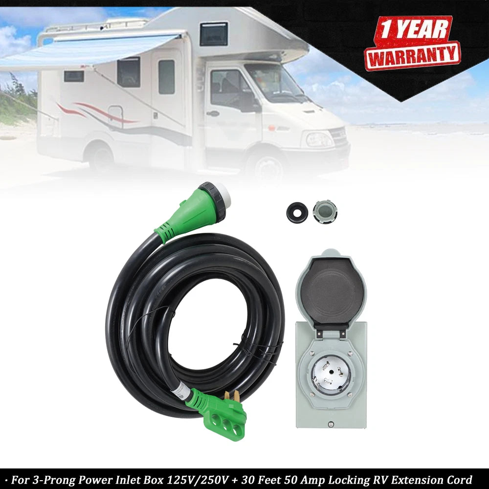 3-Prong Power Inlet Box & 50 Amp Locking RV Extension Cord (125V/250V)