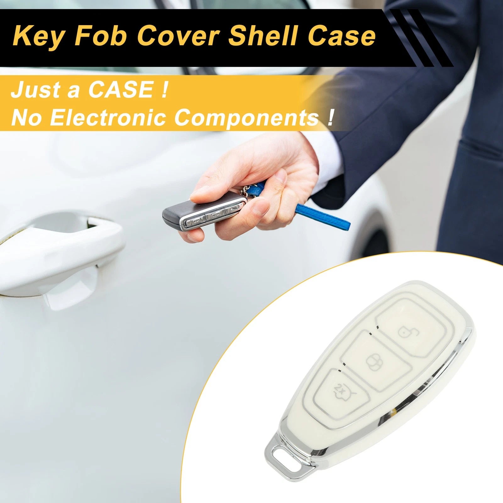 TPU Silicone Key Case for Ford Fiesta Focus 3 Buttons White Silver Tone (2011–2016)