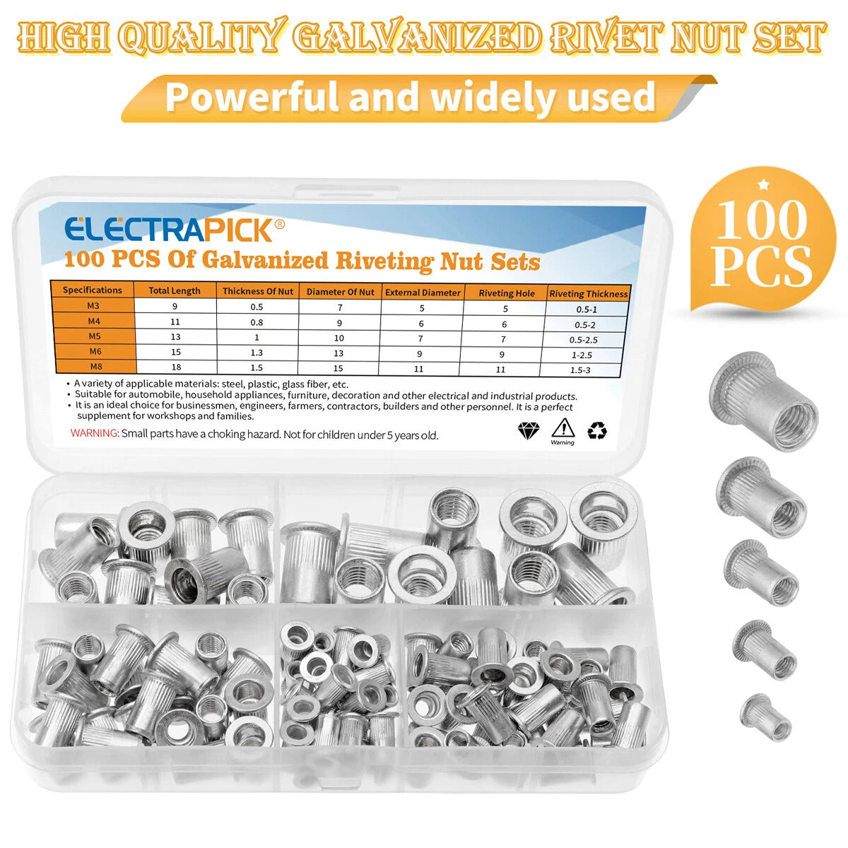 100PCS Aluminum Rivet Nut Kit M3 M4 M5 M6 M8 Nutsert Assortment