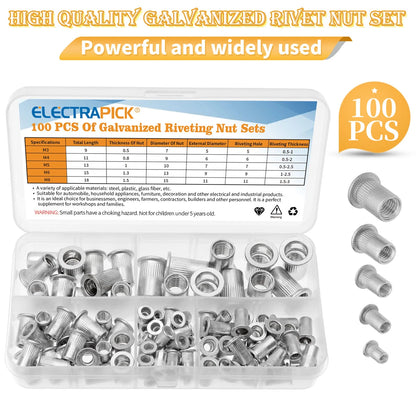 100PCS Aluminum Rivet Nut Kit M3 M4 M5 M6 M8 Nutsert Assortment