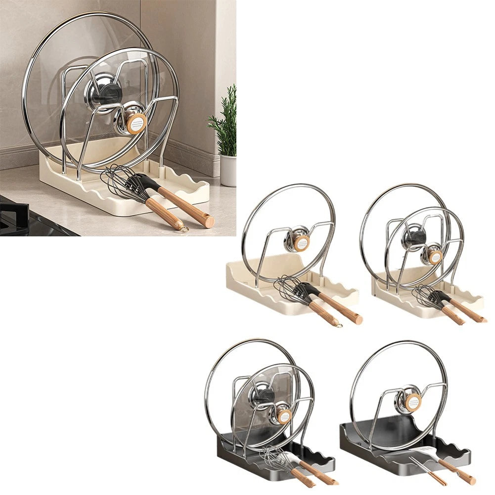 Countertop Rack for Pot Lids with Spoon Rest and Drip Tray