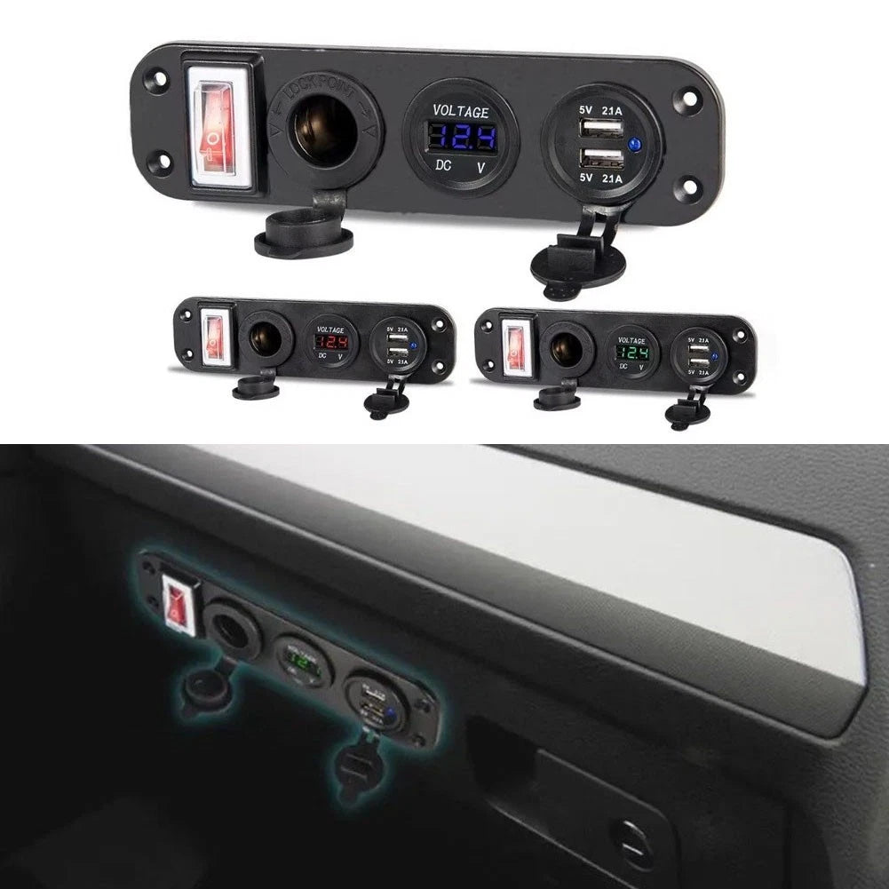 Dual USB Socket Panel with Voltmeter for Automotive Applications (12V)