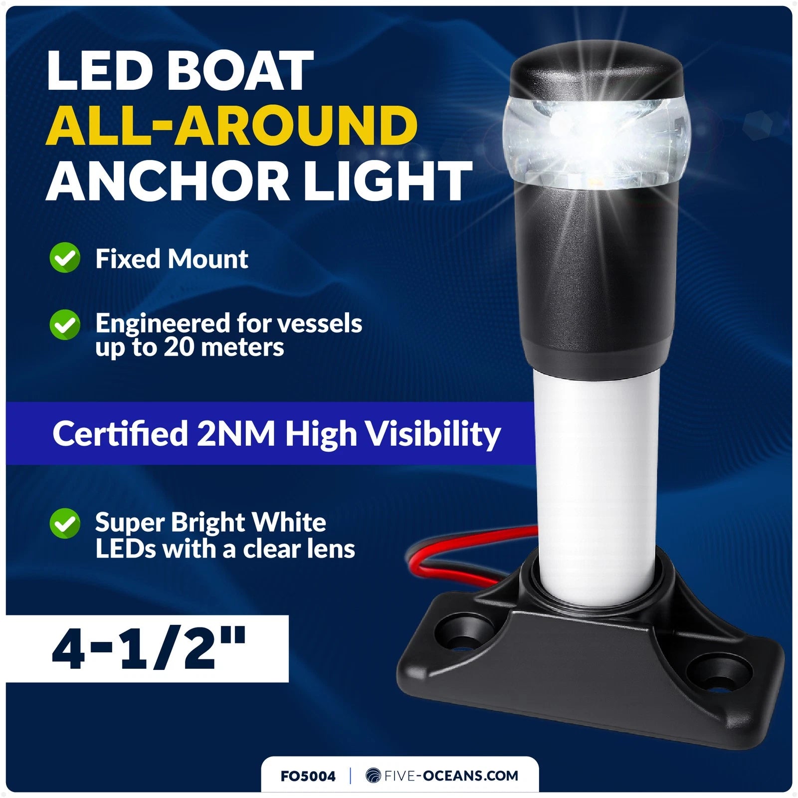 LED Boat Anchor Light for Marine Use (2NM, Fixed Base, Polycarbonate Lens)