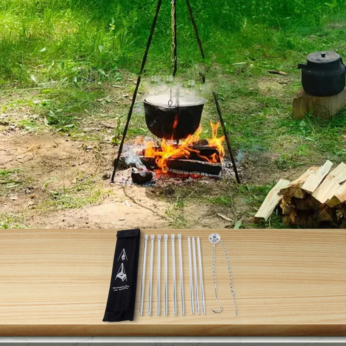 3 Leg Campfire Tripod with Height Adjustment for Outdoor Use