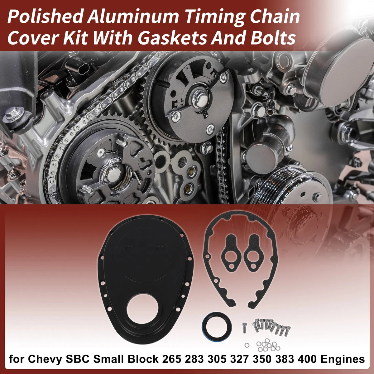 Timing Chain Cover Kit Polished Aluminum With Gaskets for Chevy SBC (1955–2004)