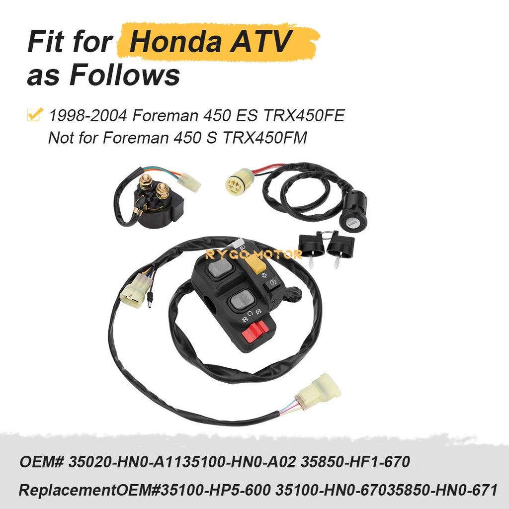 Handlebar Key Starter Relay Switch Kit for Honda Foreman 450 ES TRX450FE (1998–2004)