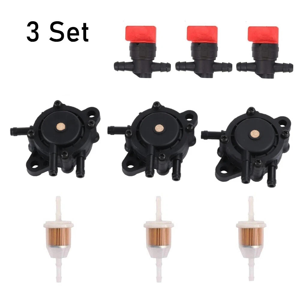 Set of 3 Fuel Pumps & Shut Off Valves for Briggs & Stratton (808656, 491922, 691034, 692313)