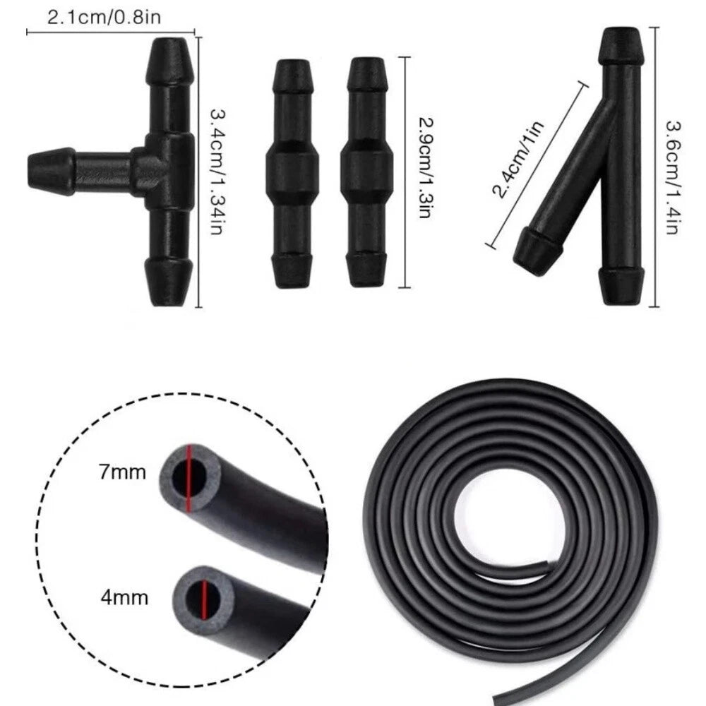 2M Windshield Washer Hose with 4 Wiper Hose Connectors for Universal Fit