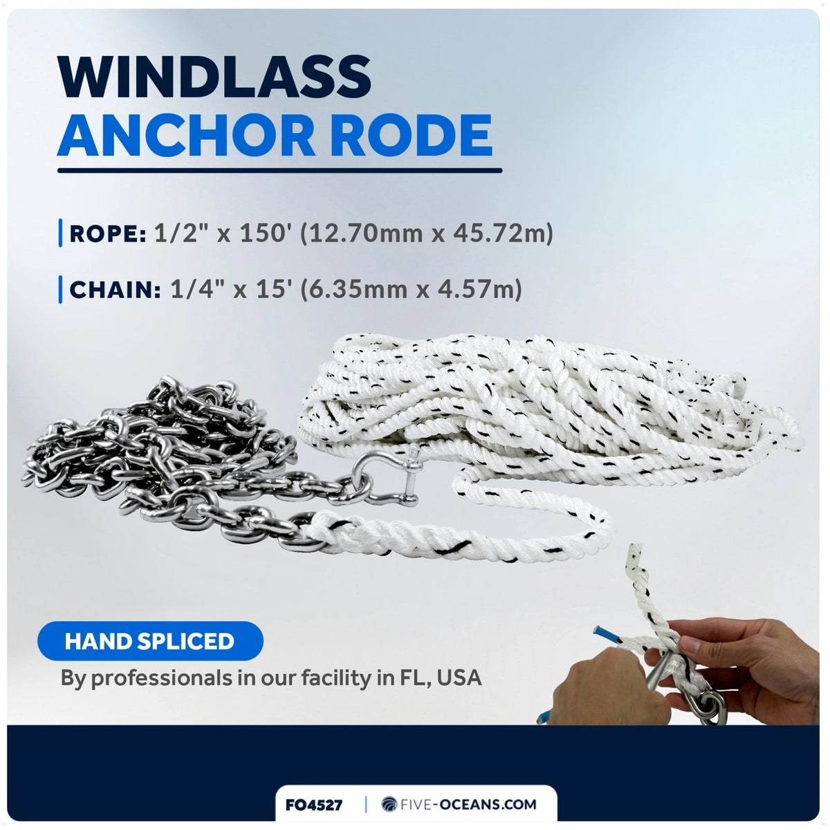 Windlass Anchor Rode 1/2"x150' Rope & 1/4"x15' G4 Chain for Marine Use