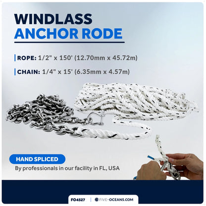 Windlass Anchor Rode 1/2"x150' Rope & 1/4"x15' G4 Chain for Marine Use