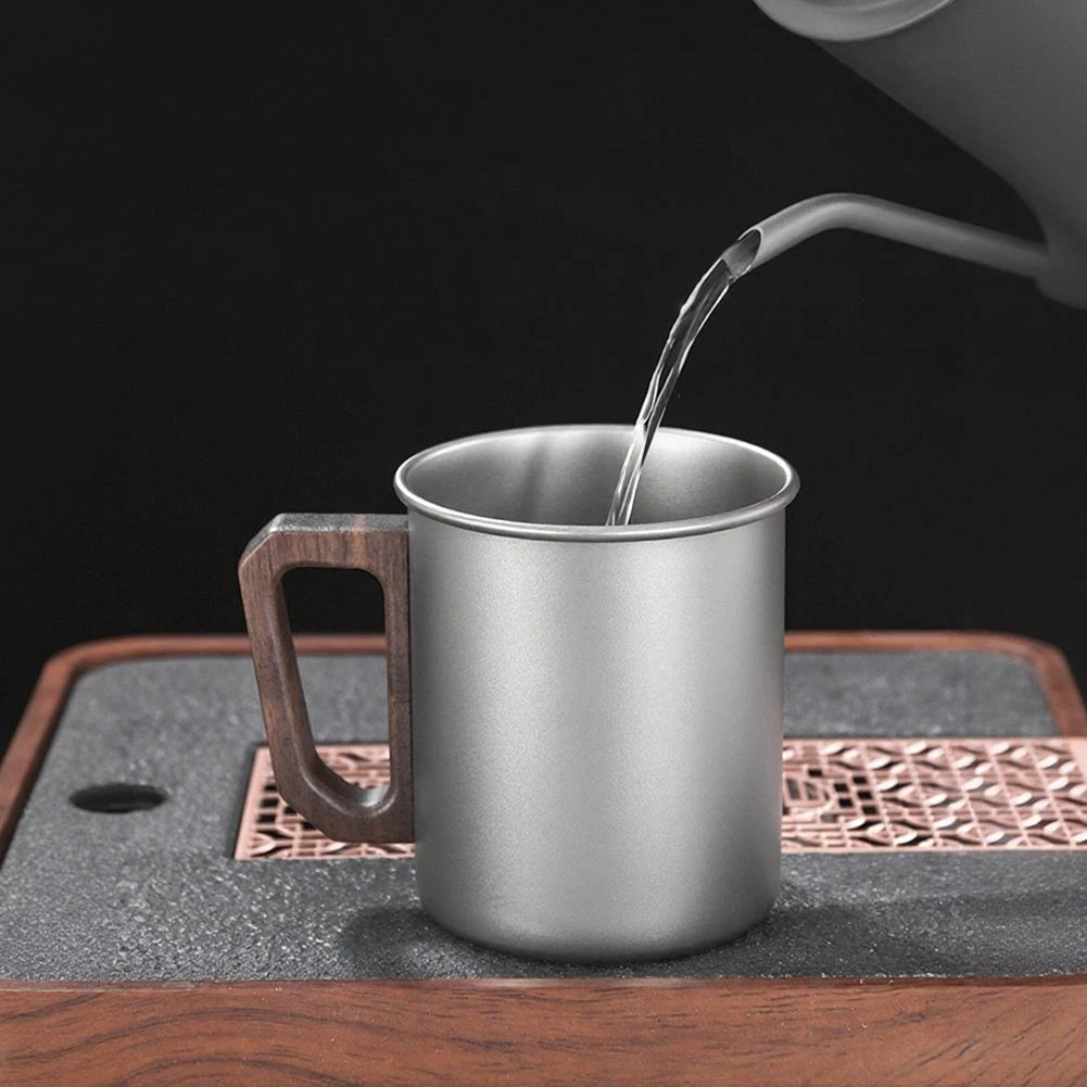 Titanium Camping Mug 450ml with Natural Wood Handle for Hiking and Picnics