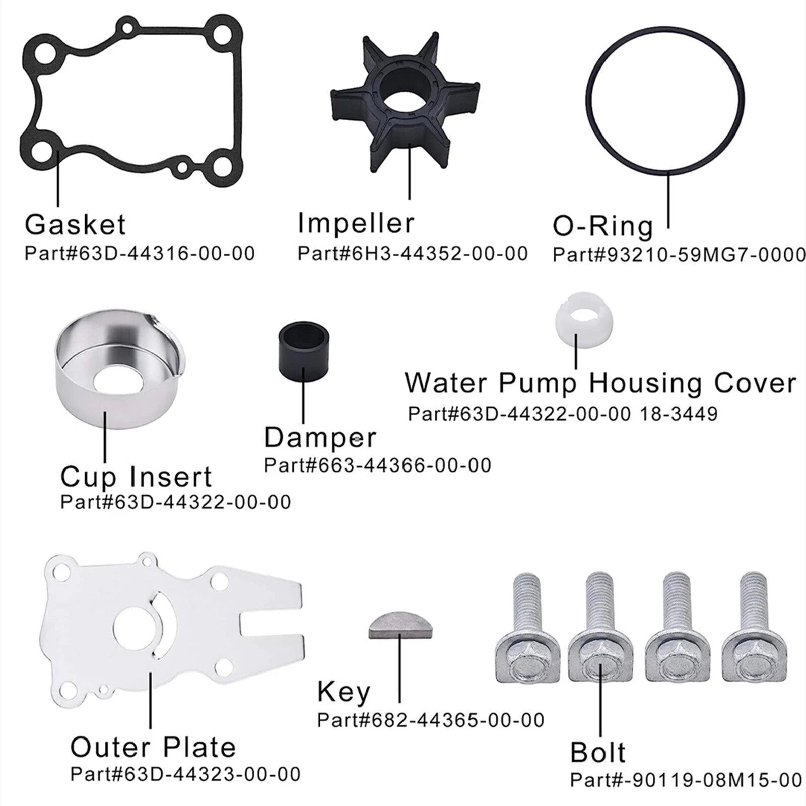 Water Pump Impeller Repair Kit 63D-W0078-01-00 for Yamaha 40-60HP (1990–2023)