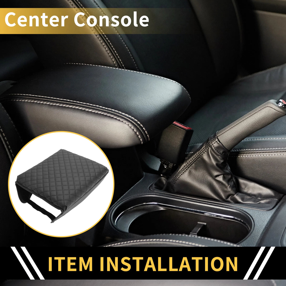 Console Lid Armrest Cover for Ford (Microfiber Leather, Black)