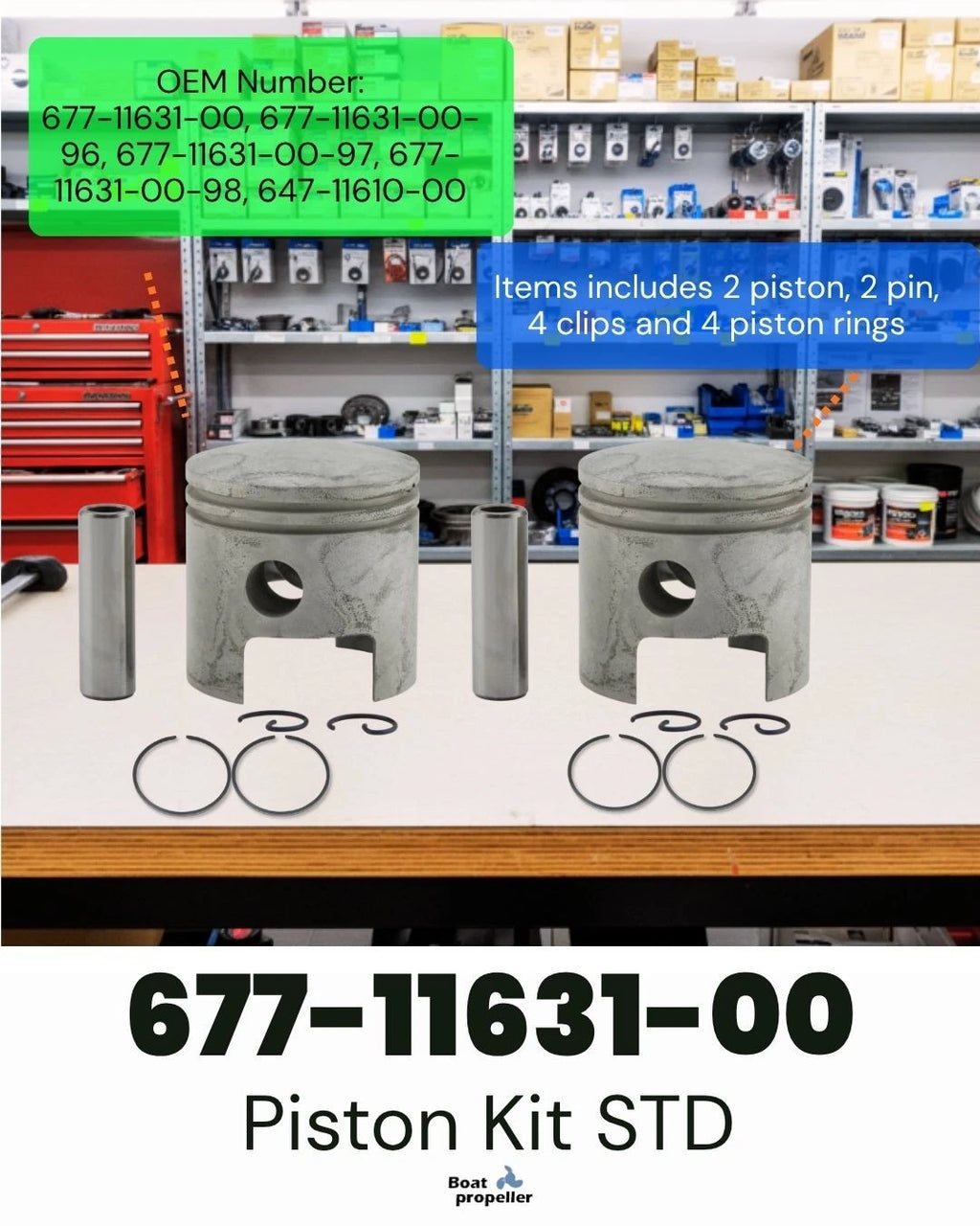 2X Piston Kit STD 677-11631-00 for Yamaha 4/6/8 HP