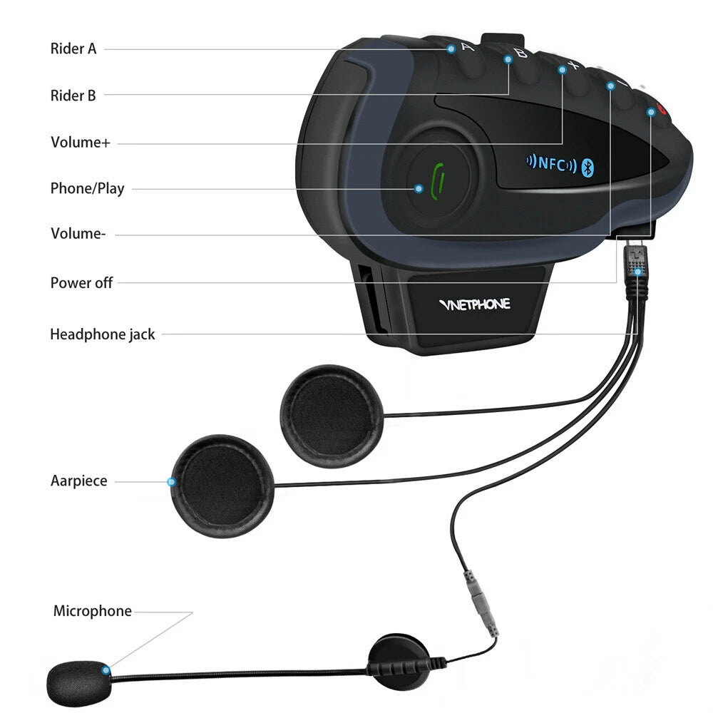1200M Bluetooth Intercom Motorcycle Helmet Interphone Headset NFC Remote Control