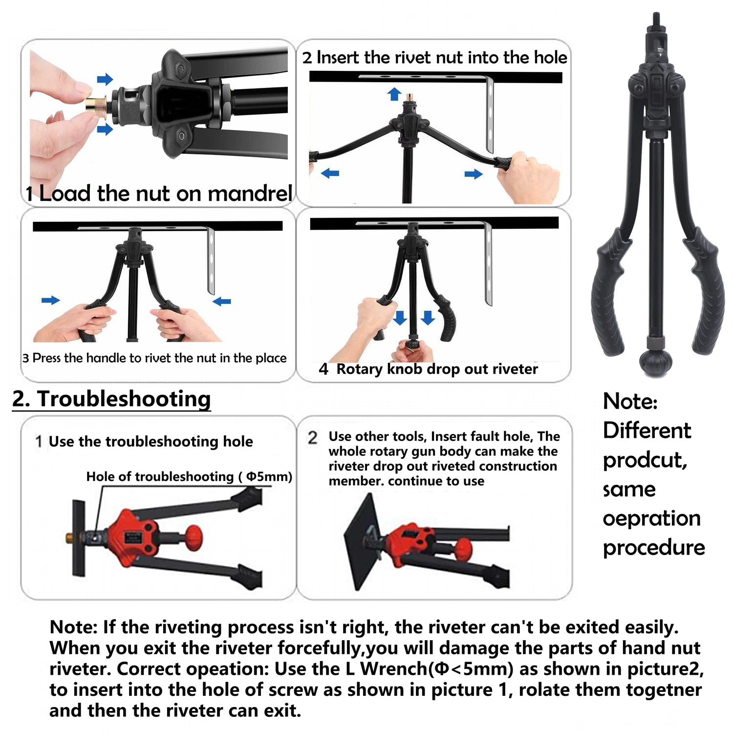 Thrust Type Hand Nut Riveter Kit for (360mm, 60pcs)