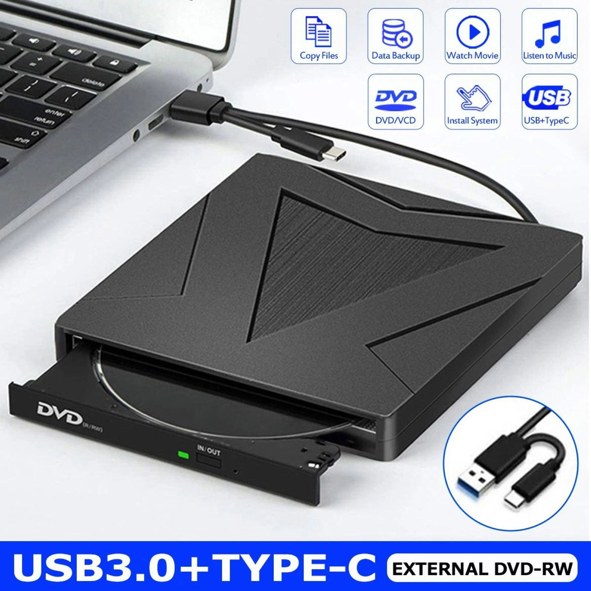 External DVD Drive for CD/DVD/VCD Formats (USB-C & USB-A)