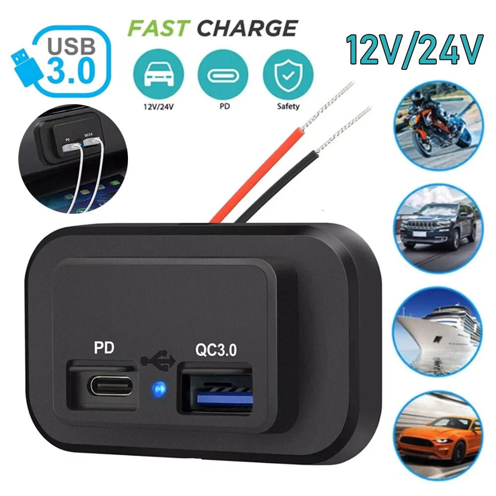 QC3.0 Fast Charger Socket PD Type-C Port Dual USB Power Adapter For Car Boat RV